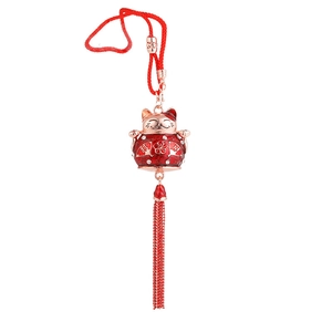 Lucky cat car hanging ornament with red tassels and gold metal frame Chinese lucky charm