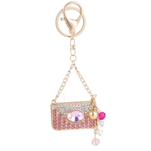 Porte-clés sac à main en cristal rose avec anneau doré et strass étincelants