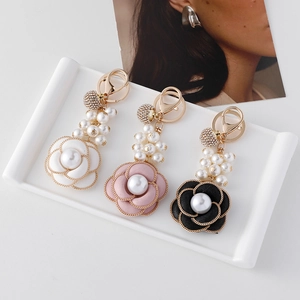 French camellia flower pearl keychain with gold chain edge in white pink and black