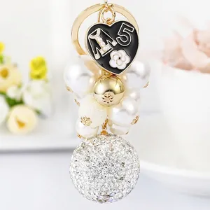 Elegant Metal Keychain Rhinestone Ball Faux Artificial Pearl String Heart Pendant Bag Charm Luxury Decorative Keyring For Women
