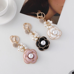 French camellia pearl keychain for bags and cars with golden metal hook in three colors