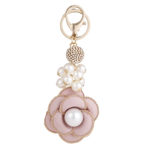 Pink camellia flower keychain with pearls and gold chain edges for handbags