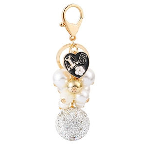 Fashion pearl rhinestone keychain with black enamel heart charm and number 5 detail