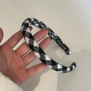 Handmade black and white checkered headband made of thick wool fabric for women
