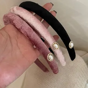 French velvet headband set with pearl accents in black and pink for women