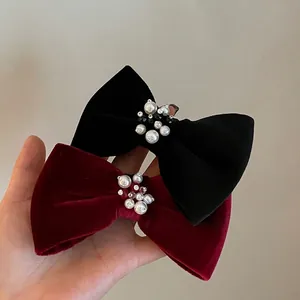 French Vintage Velvet Bow Hair Clip For Women Handmade Artificial Pearl Beaded Spring Clip Elegant Large Bowknot Hair Accessories