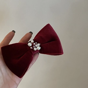 Handmade red velvet bow hair clip with white pearls and beads for women