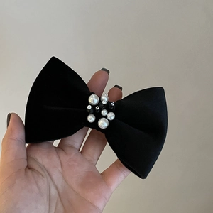 Elegant black velvet bow hair clip with handcrafted pearls and beads decoration