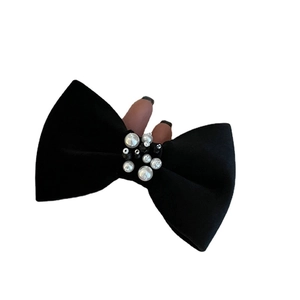 Elegant black velvet bow hair clip with handmade pearl beads in French vintage style