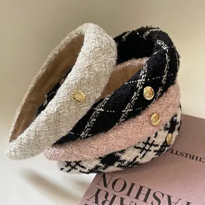 French Vintage Tweed Sponge Headband For Women Thickened Plaid Hair Hoop Gold Metal Button Niche Fashion Hair Accessories