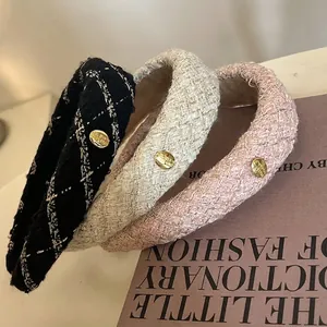 French style tweed sponge headbands with gold metal accents in black, cream, and pink colors