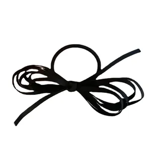 Classic black silk ribbon bow hair tie with high-elastic rubber band for French retro style