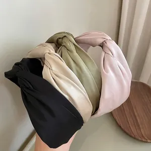 French Style Satin Twisted Knot Headband For Women Elegant Solid Color Wide Hairband Retro Fashion Hair Accessories