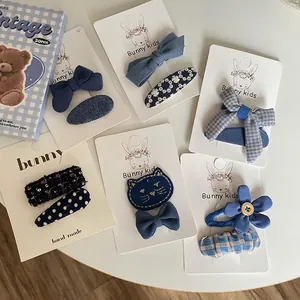 Korean Style Blue Fabric Bow Hair Clips For Kids Girls Floral Polka Dot Plaid Pattern Handmade BB Clips Hair Accessories Set