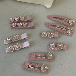 Vintage Pink Heart Rhinestone Hair Clip For Women Lolita Fabric Wrapped Duckbill Clip Kawaii Hair Accessory Jewelry