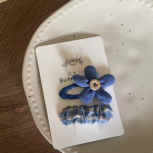 Blue fabric flower hair tie and checkered BB hair clip set for girls on a ceramic plate
