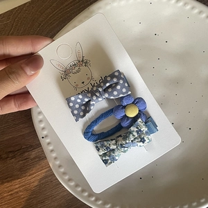 Three-piece set of sea salt blue fabric bow hair clips and flower hair tie for girls