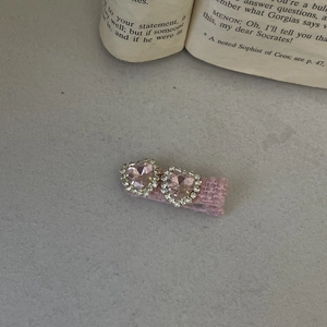 Lolita pink heart crystal hair clip with shimmering rhinestones and tweed fabric