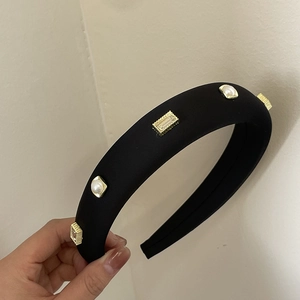 French vintage black padded headband with white pearls and golden zircon rhinestones