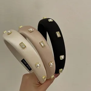 French Vintage Elegant Artificial Pearl Rhinestone Satin Padded Headband For Women Retro Small Design Hair Hoop Party Accessories