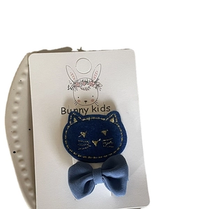 Kids hair clip set with dark blue velvet cat shape and light blue fabric bow tie accessories