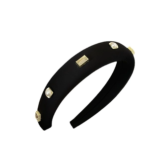 French vintage headband with elegant pearls and cubic zirconia on black fabric
