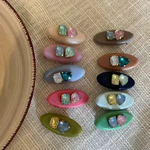 Set of 10 vintage candy color oval acetate hair clips with colorful rhinestones