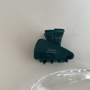 Vue détaillée de la pince à cheveux en acétate vert foncé avec texte doré Barrette la France