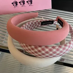 Women Padded Sponge Headband Fabric Wrapped High Top Solid Color Plaid Korean Style Fashion Hair Hoop Accessories