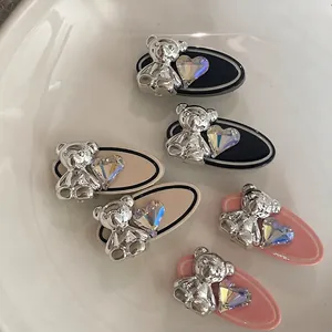 Cute Bear Heart Rhinestone Hair Clip For Women Sweet Iridescent Crystal Acrylic Hair Accessory Duckbill Clip Jewelry Gift