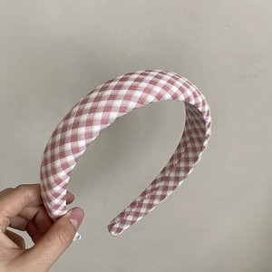 Pink and white plaid sponge headband for women with a high crown stylish design