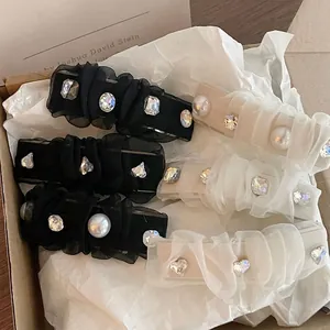 Elegant Rhinestone Artificial Pearl Mesh Hair Clip For Women Korean Style Organza Ruffle Duckbill Clip Fashion Hair Accessory