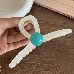 Elegant candy-colored acrylic claw clip with a blue bead bead on a white translucent base