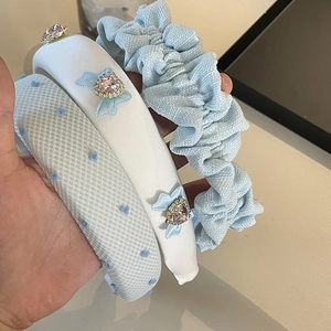 Light blue 3-piece hair accessory set with rhinestone bow headband and scrunchie