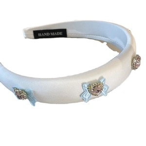 Blue ribbon bow and pink heart rhinestone satin sponge headband for women and girls