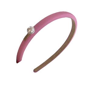 French vintage pink fabric headband with white pearl and gold metal logo plaque