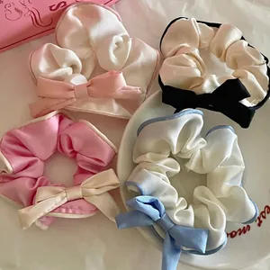 Ballet Ribbon Bow Scrunchie For Women Satin Fabric Hair Tie French Vintage Contrast Piping Large Intestine Ring Hair Accessories