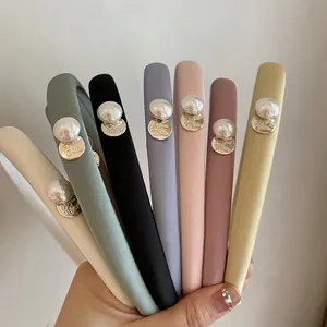 Elegant Padded Satin Headband For Women With Imitation Artificial Pearl And Gold Metal Plate Simple Solid Color Non-slip Hair Band Accessory