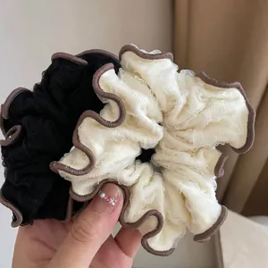 Elegant French Style Mesh Pleated Hair Scrunchies Coffee Edge Fabric Hair Ties Handmade Ponytail Holders For Women Hair Accessories