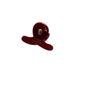 Mini red acetate hair claw clip with water drop gemstone and gold handmade text