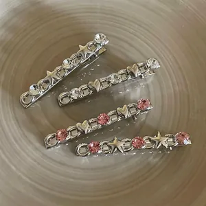 Pink heart rhinestone hair clips set with silver chain stars and elegant metal finish