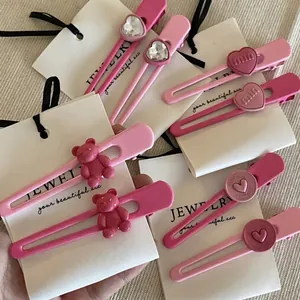 Koreanischer Stil Süß Rosa Herz Entenschnabel Haarklammer Niedlich Bär Strass Matt Lackiert Haarnadel Für Damen Mädchen Schmuck