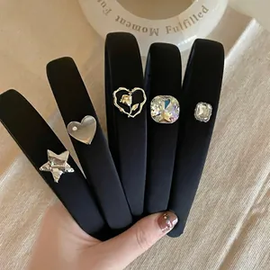 Women Elegant Black Sponge Padded Headband With Rhinestone Heart Star Decoration Fabric Thick Hair Hoop Fashion Headwear