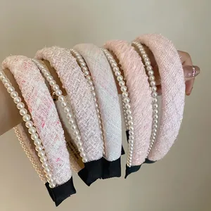 French Vintage Pink Tweed Headband With Faux Artificial Pearl Double Layer Hair Hoop For Women Elegant Sweet Hair Accessories