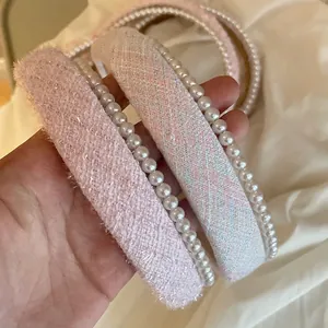 Pink tweed and faux pearl headbands set featuring elegant French style for women
