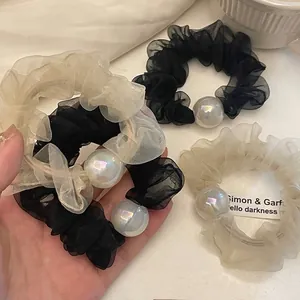Elegant Korean Organza Scrunchies For Women Iridescent Large Artificial Pearl Pleated Chiffon Hair Tie Gentle Fashion Hair Accessories