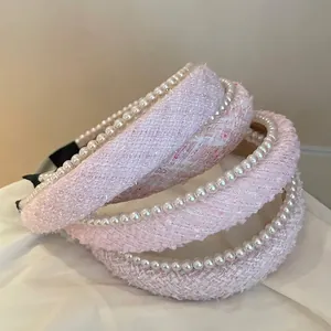 Elegant pink tweed headband with white pearl trim for women, stylish hair accessory set