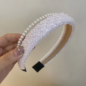 Pink tweed double layer headband with white pearls for women in elegant French style