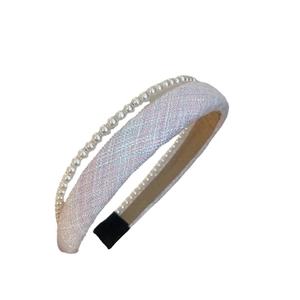 Pink double-layer pearl headband with elegant tweed fabric and non-slip lining