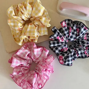 Scrunchies in Tessuto a Quadretti con Orso Cartone Animato Elastici per Capelli Gingham Alta Elasticità Fermacoda Copricapo alla Moda per Donna Ragazza